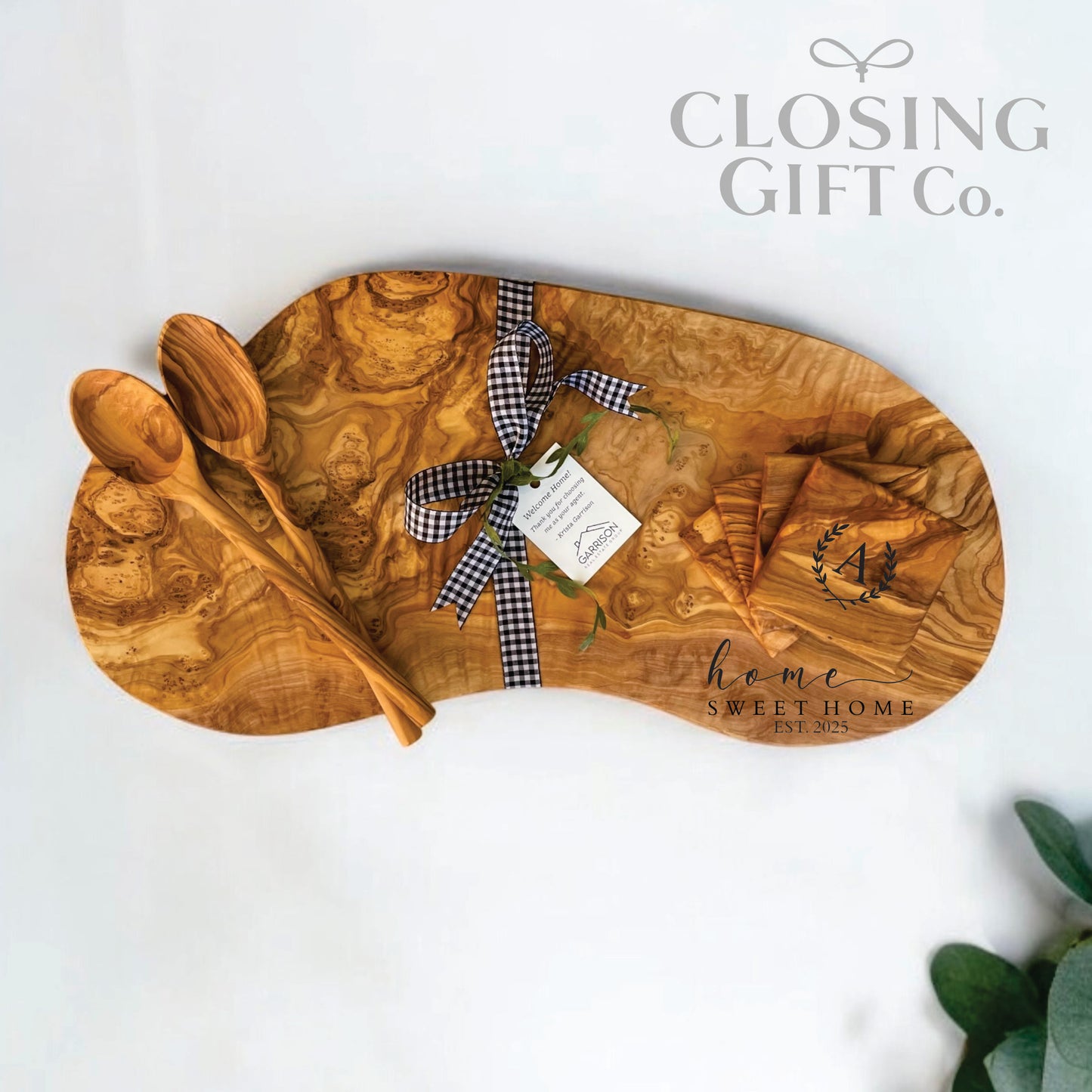 LARGE OLIVE WOOD BUNDLE - BOARD / SPOONS / COASTERS - CUSTOM ENGRAVED