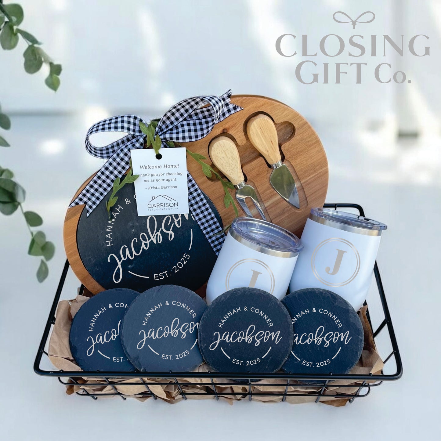 CUSTOM CLOSING GIFT BASKET SET - CHEESE BOARD + COASTERS + TUMBLERS