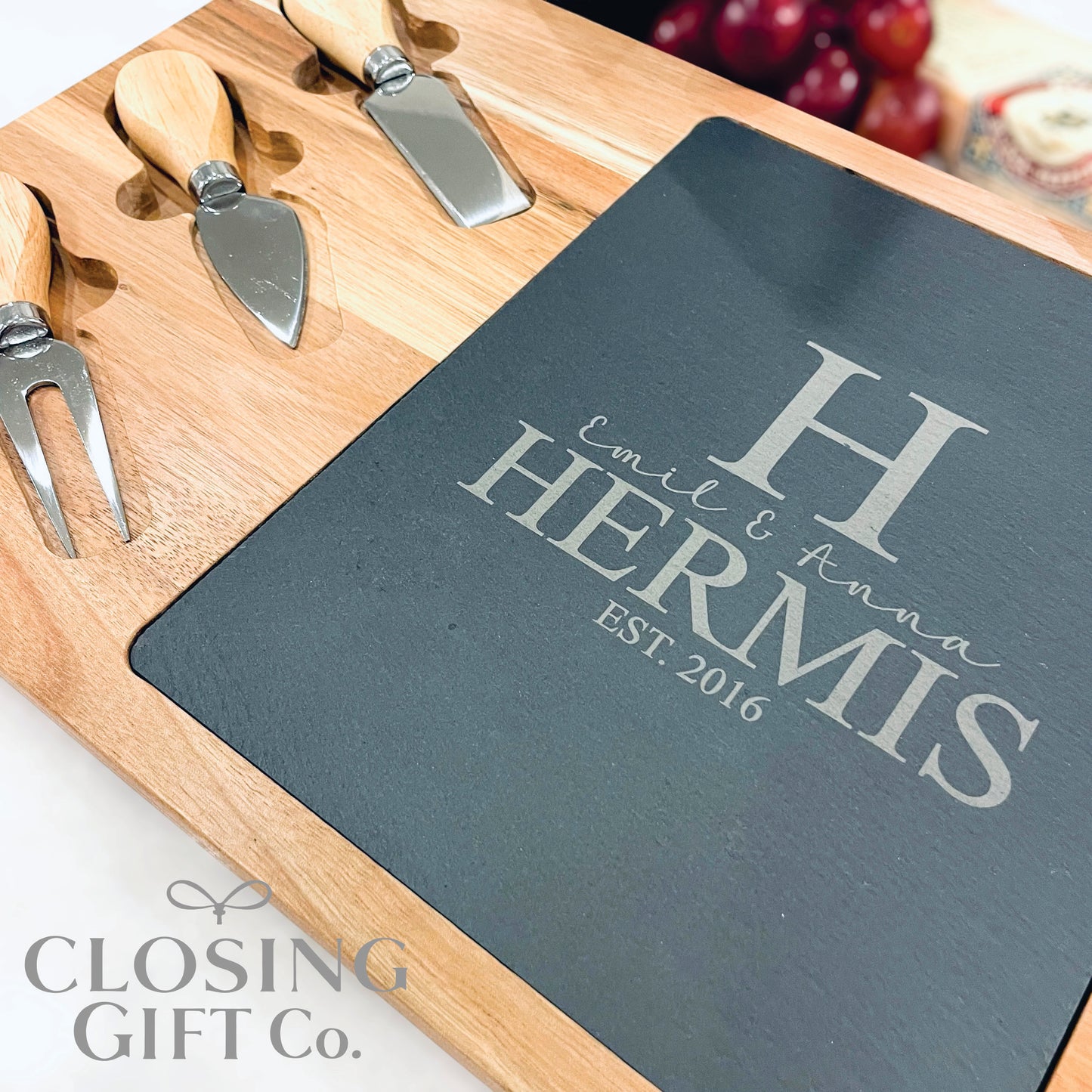RECTANGLE ACACIA WOOD & SLATE CHEESE BOARD WITH CHARCUTERIE UTENSILS