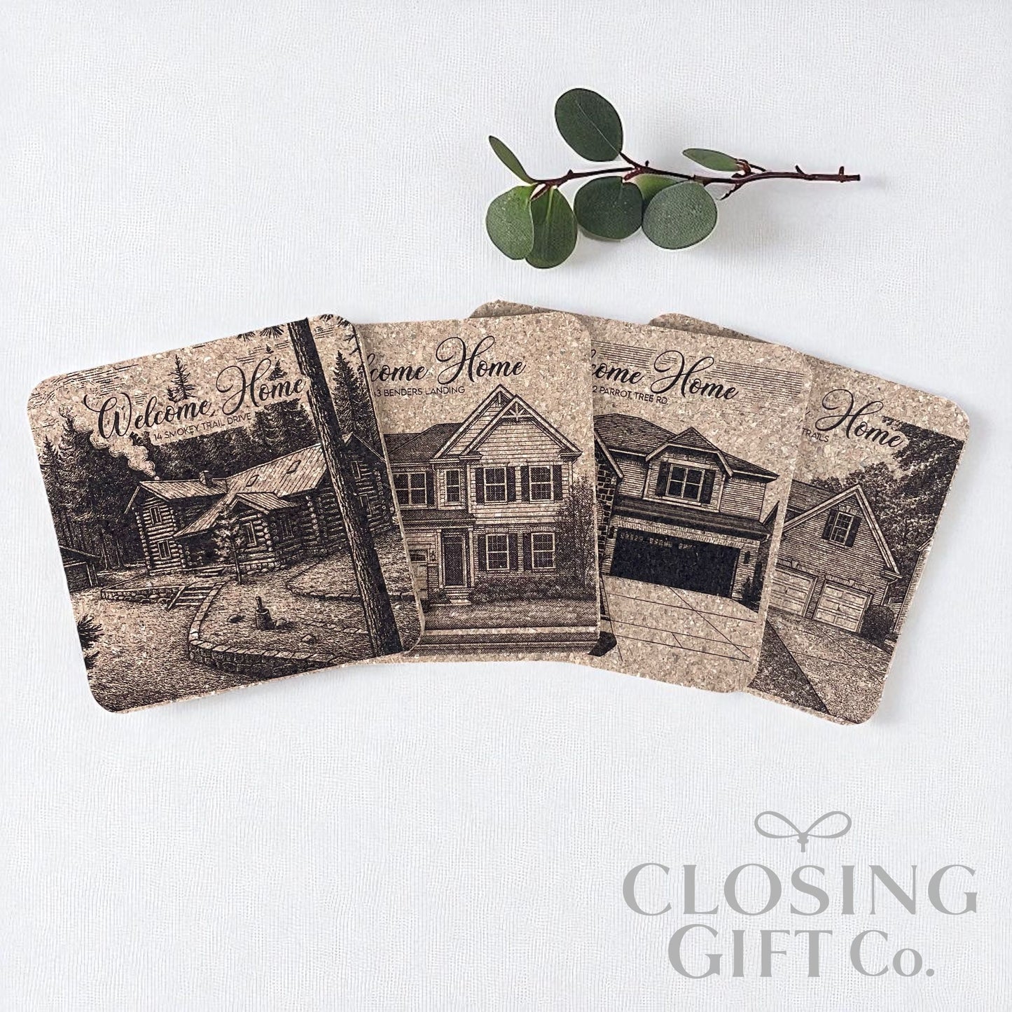 CUSTOM PORTRAIT OF HOME - ENGRAVED ON CORK COASTER SET OF 4