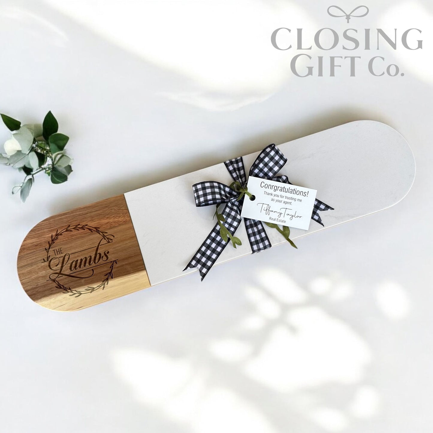 CUSTOM CLOSING GIFT BASKET SET - OVAL SERVING CHARCUTERIE BOARD - ACACIA WOOD & MARBLE