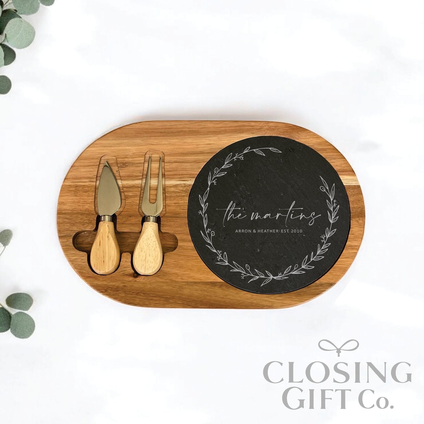 OVAL ACACIA WOOD & SLATE CHEESE BOARD WITH CHARCUTERIE UTENSILS