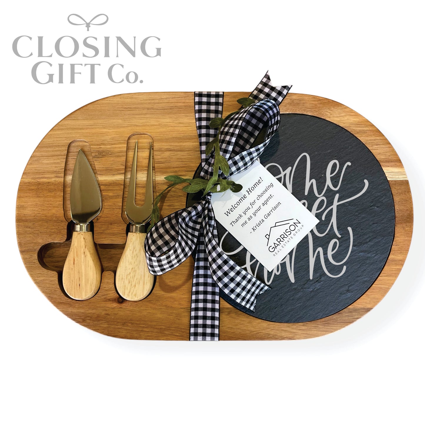 OVAL ACACIA WOOD & SLATE CHEESE BOARD WITH UTENSILS IN BULK - BUY MORE / SAVE MORE!