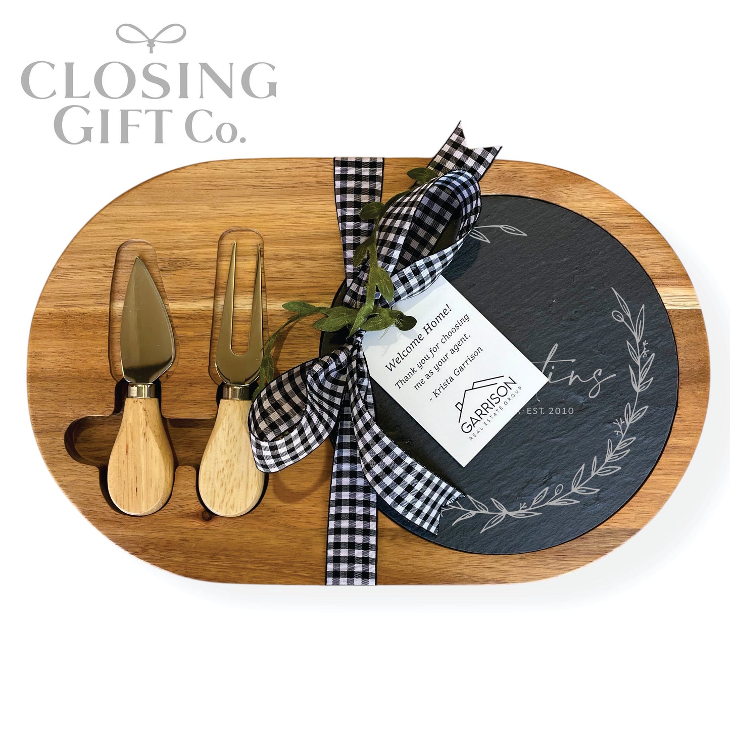 OVAL ACACIA WOOD & SLATE CHEESE BOARD WITH CHARCUTERIE UTENSILS