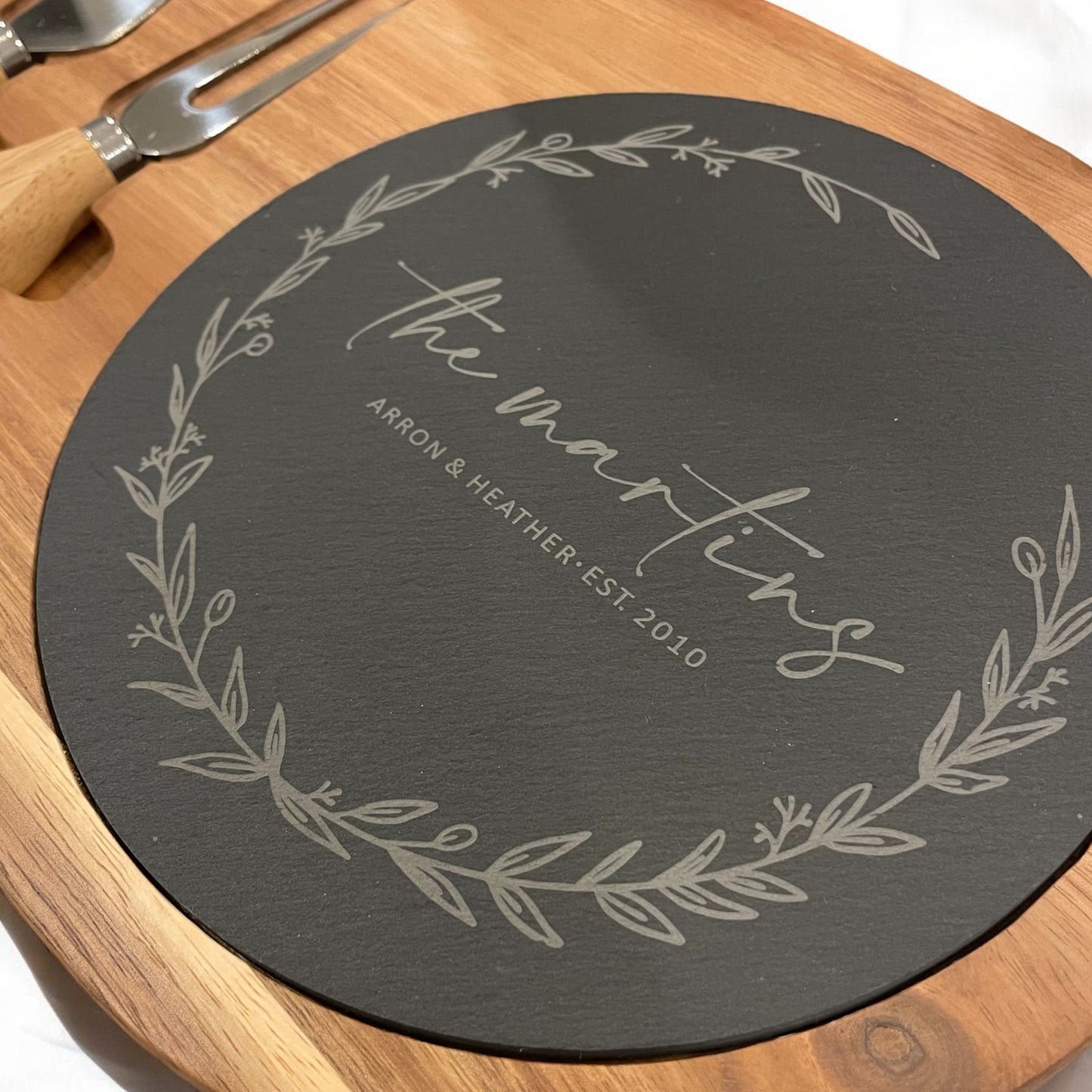 OVAL ACACIA WOOD & SLATE CHEESE BOARD WITH CHARCUTERIE UTENSILS