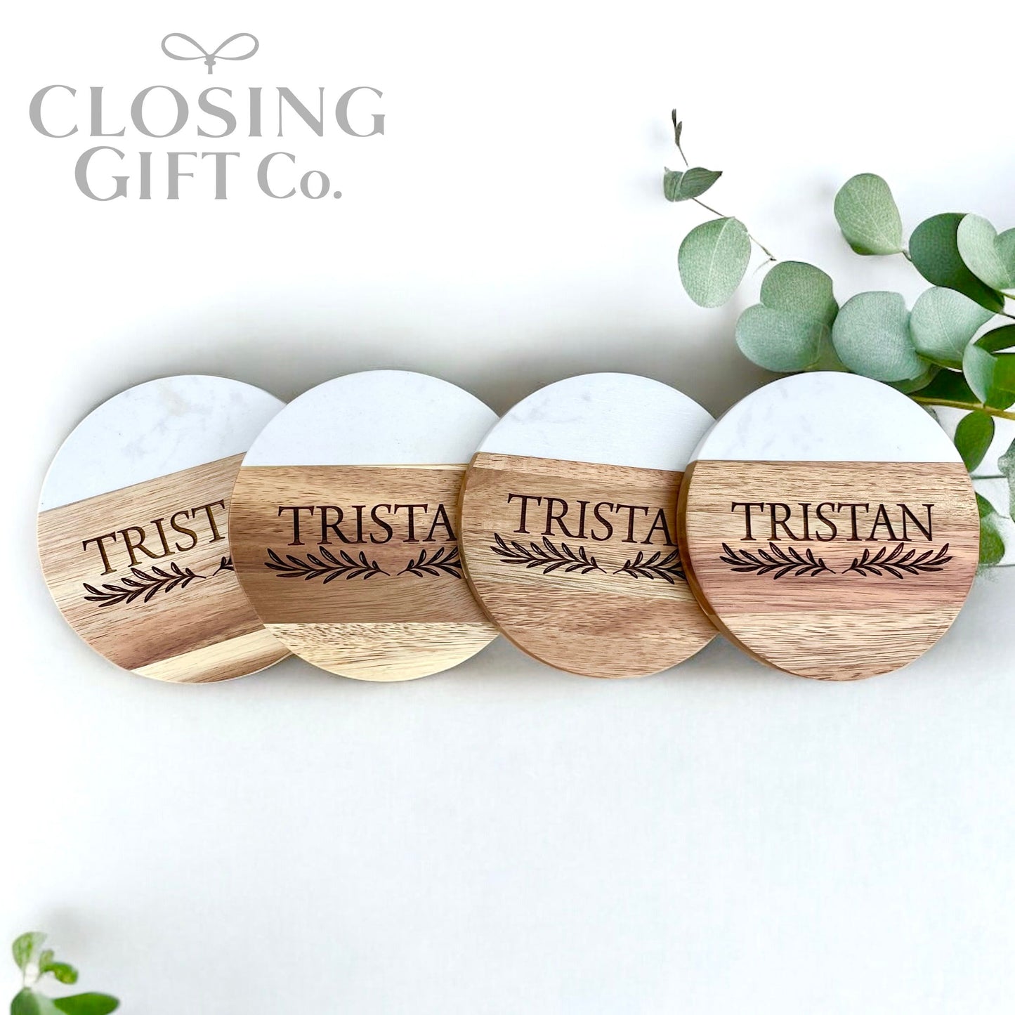 Personalized Acacia & Marble Round Coaster Set | Engraved Realtor Closing Gift | Housewarming Gift
