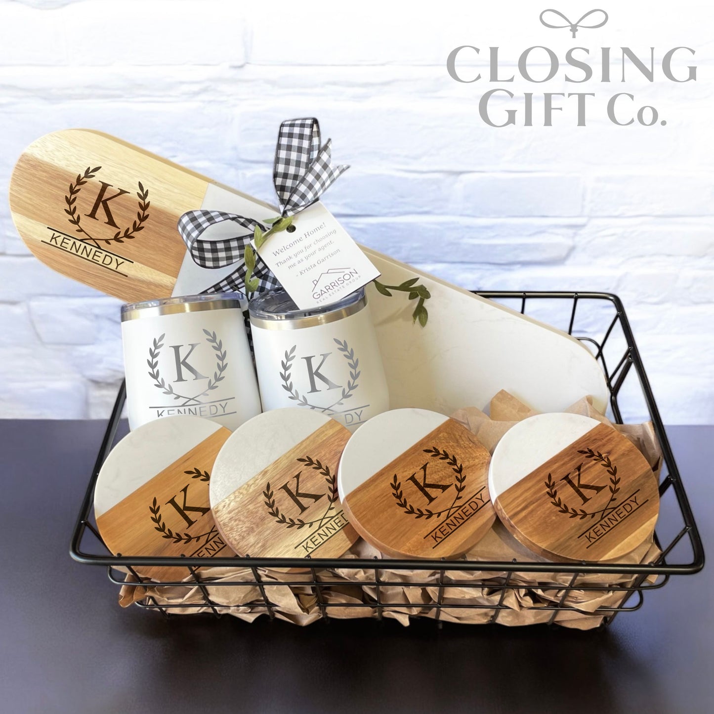 CUSTOM CLOSING GIFT BASKET SET - OVAL SERVING CHARCUTERIE BOARD - ACACIA WOOD & MARBLE (WINE TUMBLERS)