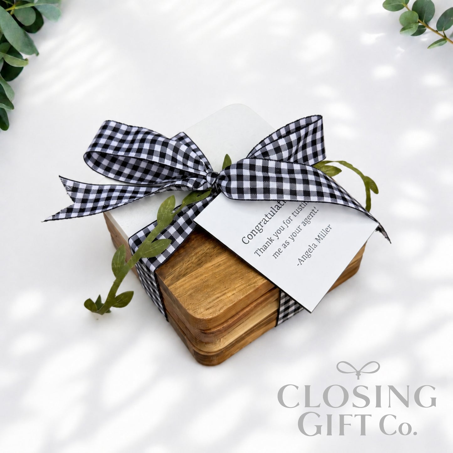 Personalized Acacia & Marble Coaster Set | Engraved Housewarming Gift | Realtor Closing Gift