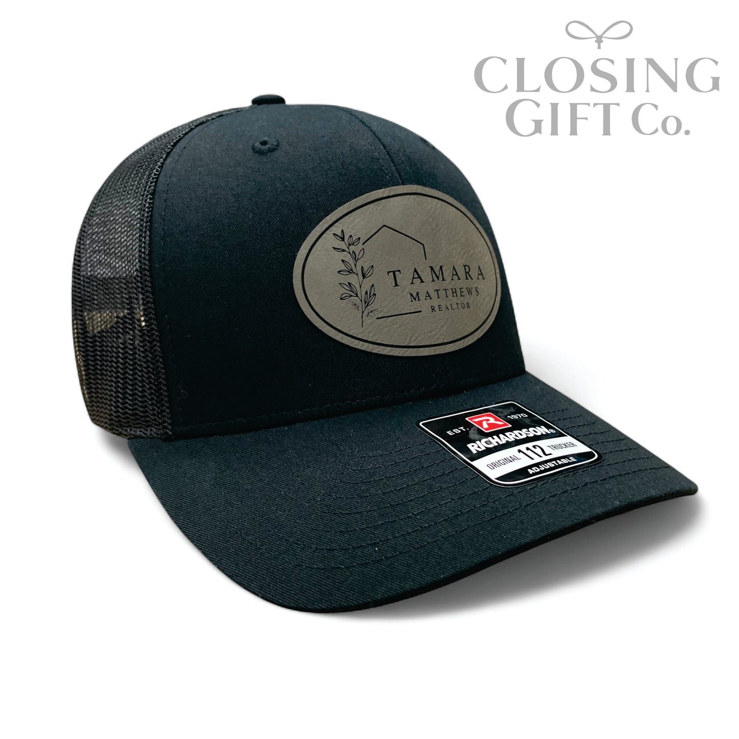 TRUCKER HAT WITH CUSTOM LEATHER PATCH -ENGRAVED WITH YOUR LOGO