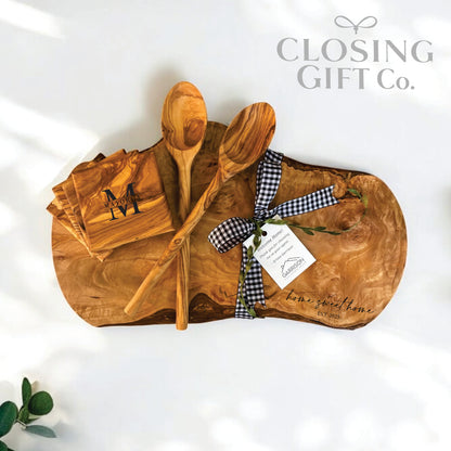 SMALL OLIVE WOOD BUNDLE - BOARD / SPOONS / COASTERS - CUSTOM ENGRAVED