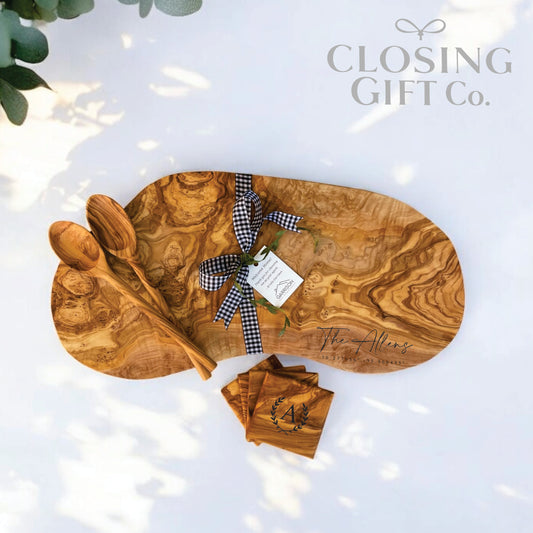 LARGE OLIVE WOOD BUNDLE - BOARD / SPOONS / COASTERS - CUSTOM ENGRAVED