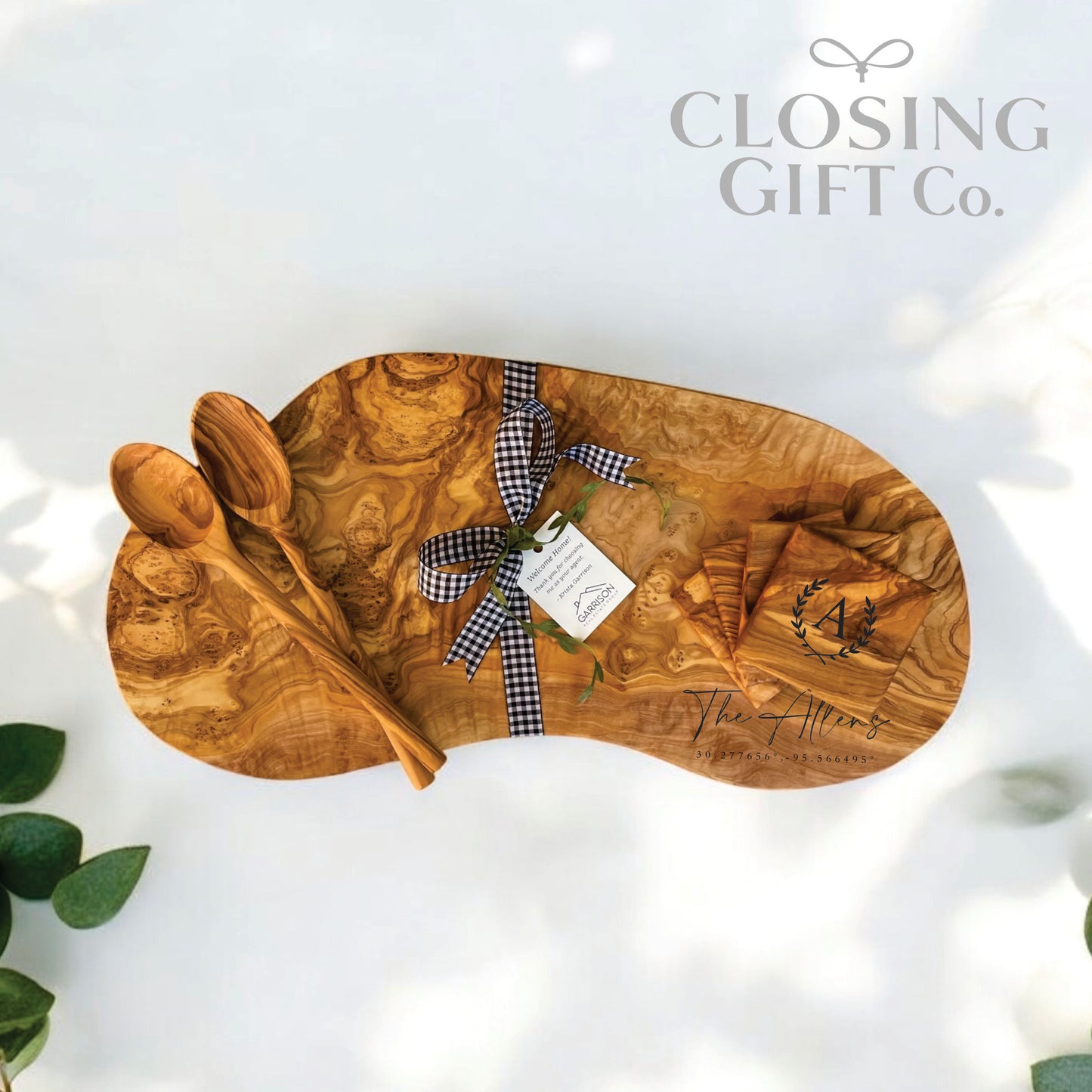 LARGE OLIVE WOOD BUNDLE - BOARD / SPOONS / COASTERS - CUSTOM ENGRAVED