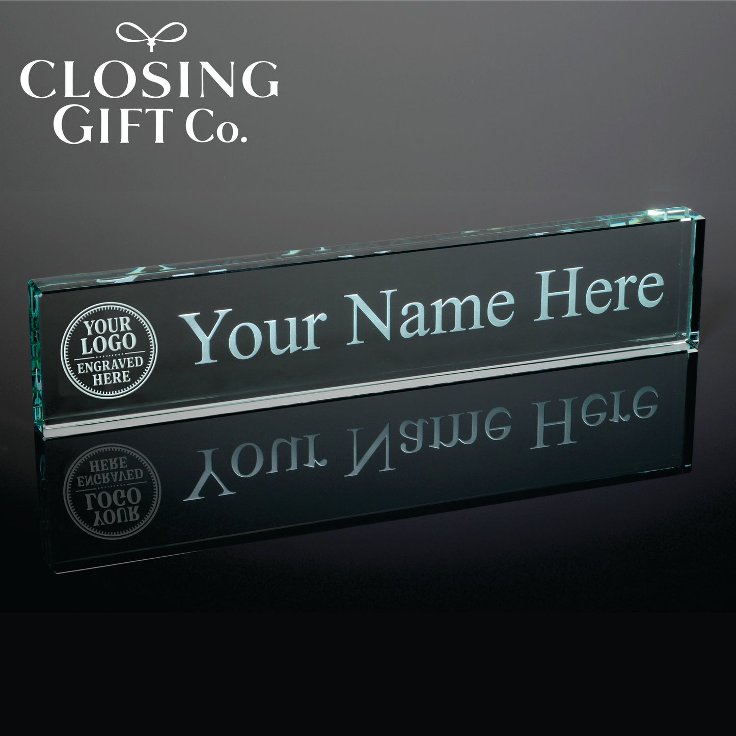 JADE GLASS DESK NAMEPLATE - ENGRAVED WITH YOUR LOGO AND TEXT