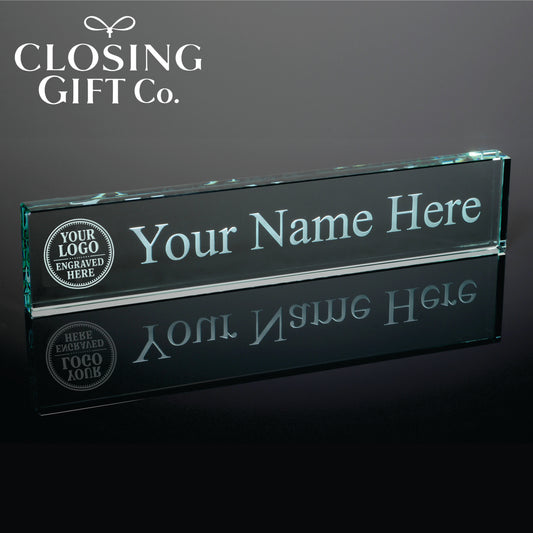JADE GLASS DESK NAMEPLATE - ENGRAVED WITH YOUR LOGO AND TEXT