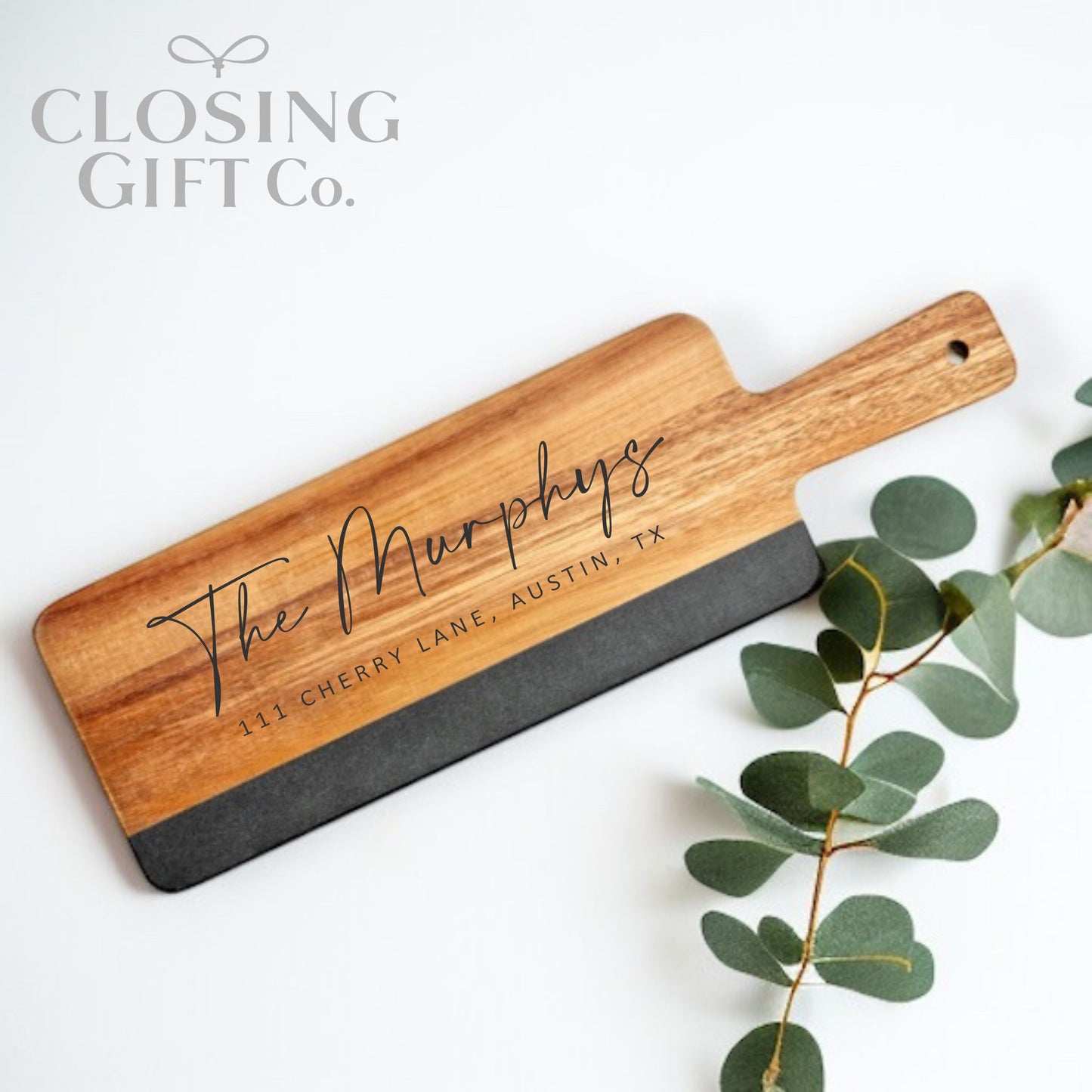 Realtor Closing Gift Basket | Housewarming Gift for New Home | Engraved Acacia & Black Marble Board, Coasters & Black Wine Tumblers