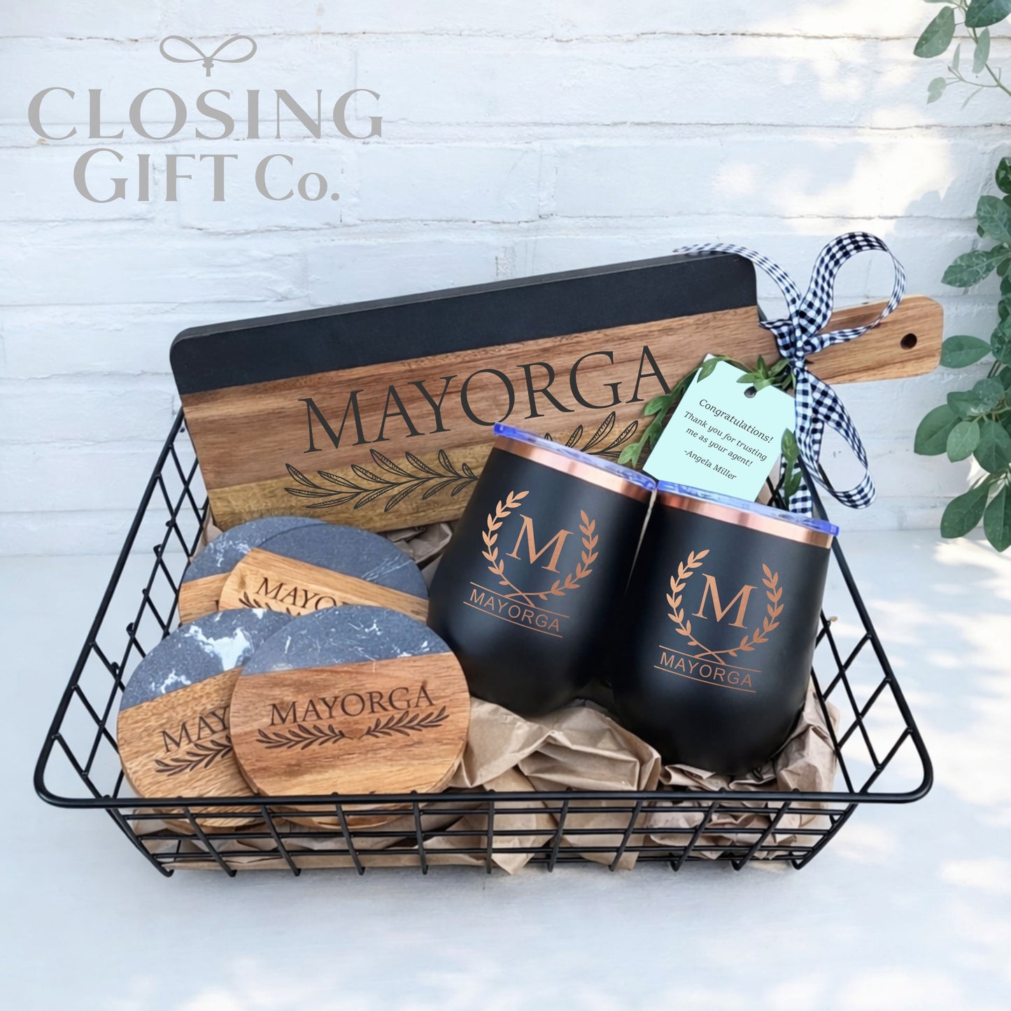 Realtor Closing Gift Basket | Housewarming Gift for New Home | Engraved Acacia & Black Marble Board, Coasters & Black Wine Tumblers