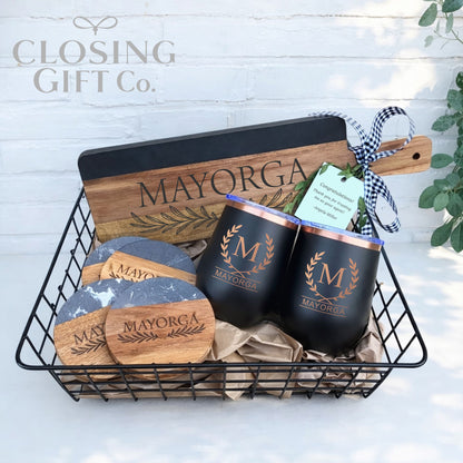 Realtor Closing Gift Basket | Housewarming Gift for New Home | Engraved Acacia & Black Marble Board, Coasters & Black Wine Tumblers