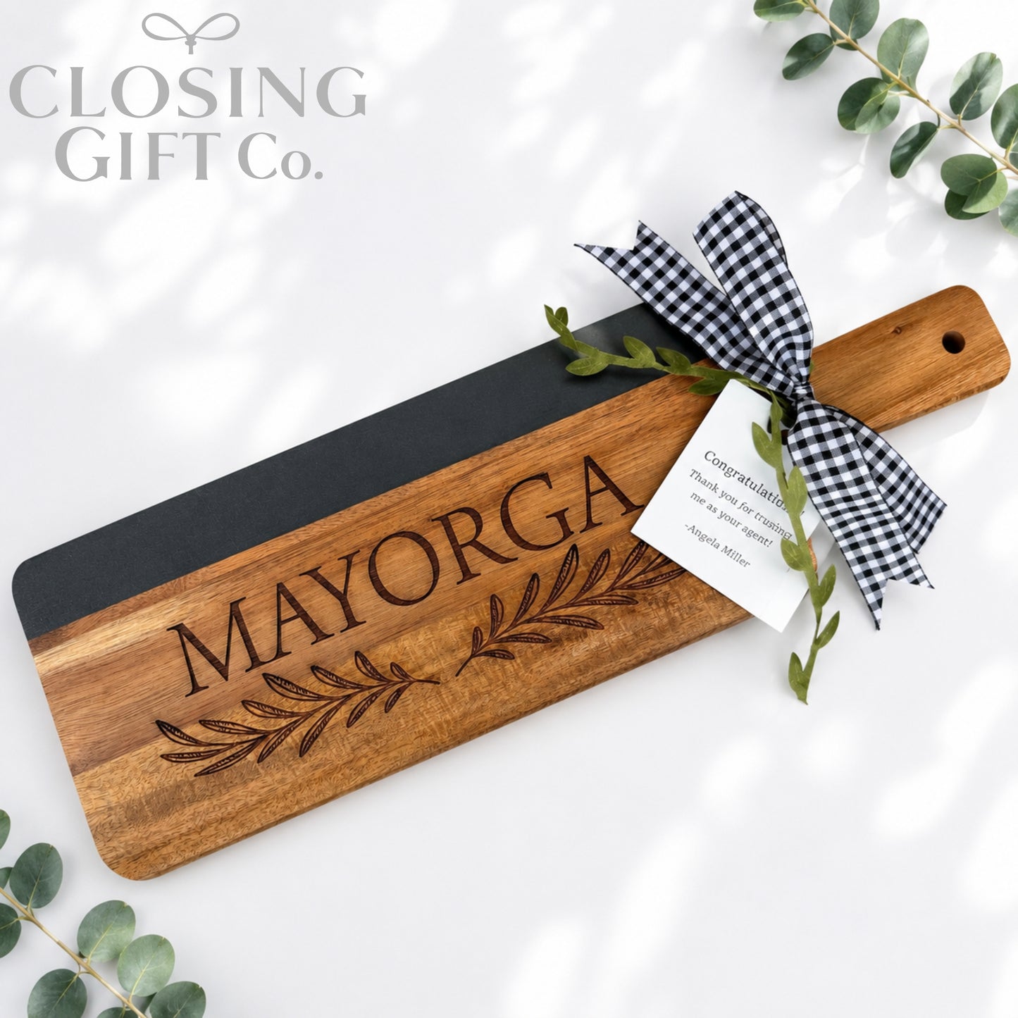 Personalized Acacia & Black Marble Cutting Board | Realtor Closing Gift | Housewarming Gift