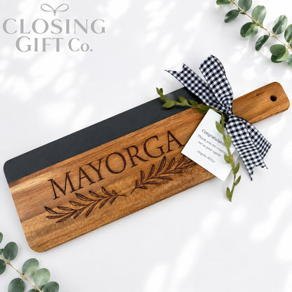 Personalized Acacia & Black Marble Cutting Board | Realtor Closing Gift | Housewarming Gift