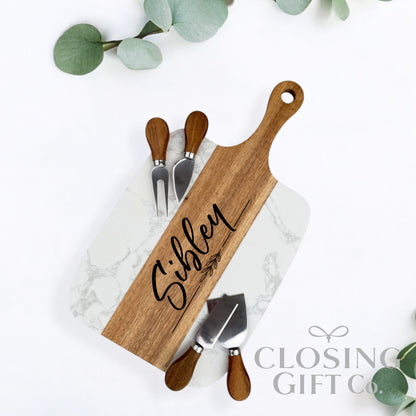 Realtor Closing Gift Serving Board Set | Housewarming Gift for New Home | Engraved Acacia & Marble Board with Utensils