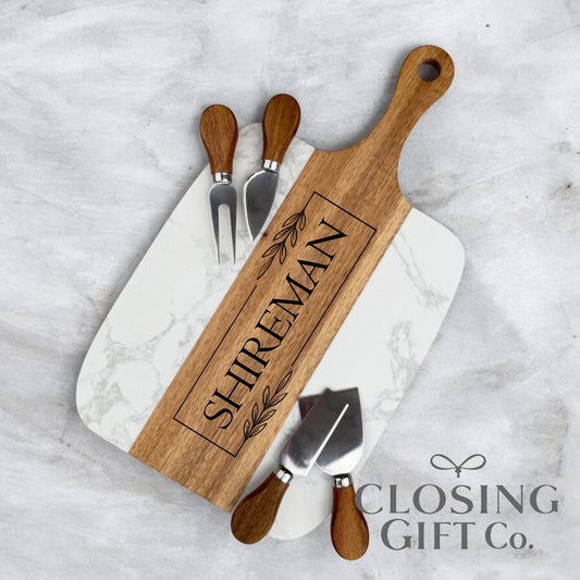 Realtor Closing Gift Serving Board Set | Housewarming Gift for New Home | Engraved Acacia & Marble Board with Utensils