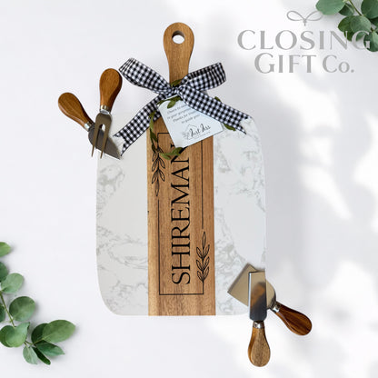 Realtor Closing Gift Serving Board Set | Housewarming Gift for New Home | Engraved Acacia & Marble Board with Utensils