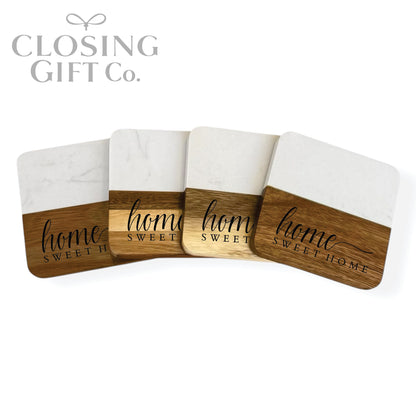 ACACIA WOOD & MARBLE SQUARE COASTER SET IN BULK - BUY MORE / SAVE MORE!