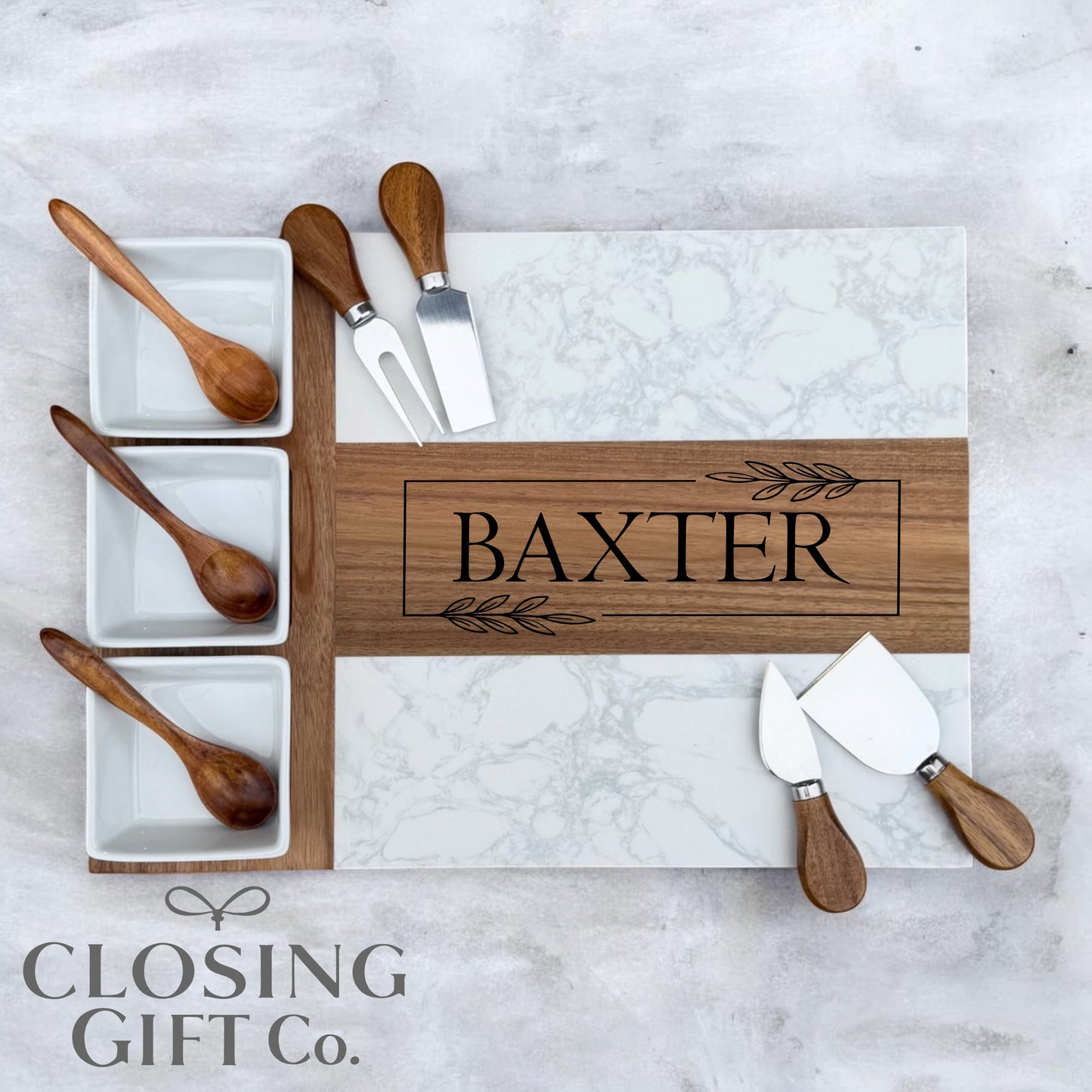 Realtor Closing Gift Charcuterie Board Set | Housewarming Gift for New Home | Acacia & Marble Board with Bowls & Utensils