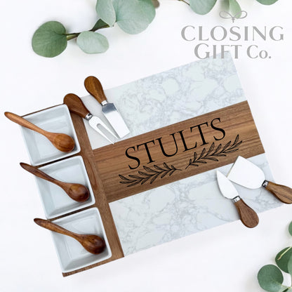 Realtor Closing Gift Charcuterie Board Set | Housewarming Gift for New Home | Acacia & Marble Board with Bowls & Utensils