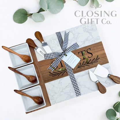 Realtor Closing Gift Charcuterie Board Set | Housewarming Gift for New Home | Acacia & Marble Board with Bowls & Utensils