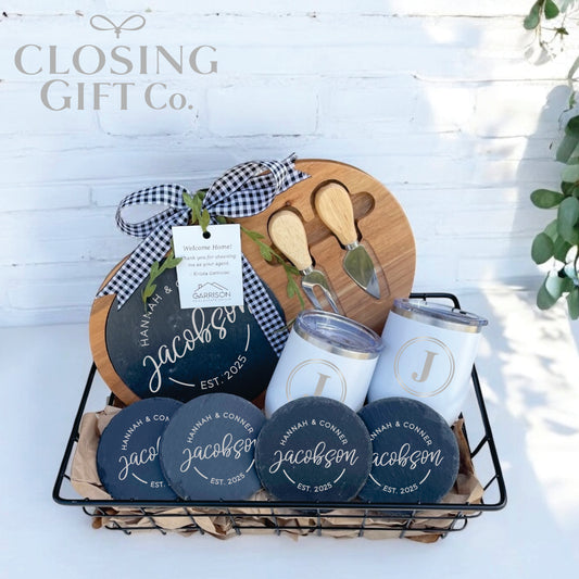 CUSTOM CLOSING GIFT BASKET SET - CHEESE BOARD + COASTERS + TUMBLERS