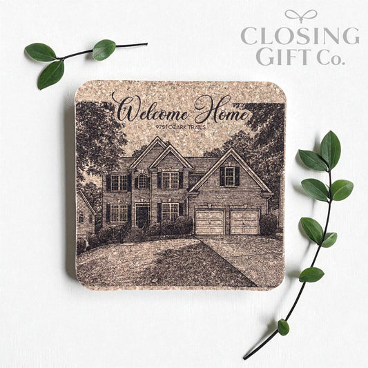 CUSTOM PORTRAIT OF HOME - ENGRAVED ON CORK COASTER SET OF 4