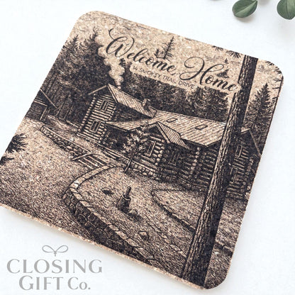 CUSTOM PORTRAIT OF HOME - ENGRAVED ON CORK COASTER SET OF 4