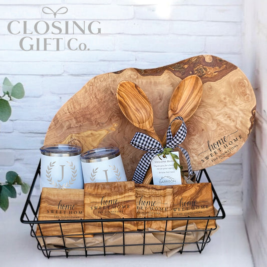 CUSTOM CLOSING GIFT BASKET SET - OLIVE WOOD (WINE TUMBLERS)