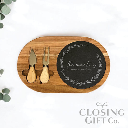OVAL ACACIA WOOD & SLATE CHEESE BOARD WITH CHARCUTERIE UTENSILS