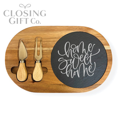 OVAL ACACIA WOOD & SLATE CHEESE BOARD WITH UTENSILS IN BULK - BUY MORE / SAVE MORE!