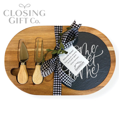 OVAL ACACIA WOOD & SLATE CHEESE BOARD WITH UTENSILS IN BULK - BUY MORE / SAVE MORE!
