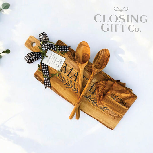 RECTANGLE OLIVE WOOD BUNDLE - BOARD / SPOONS / COASTERS - CUSTOM ENGRAVED