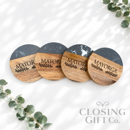 Personalized Acacia & Black Marble Round Coaster Set | Engraved Realtor Closing Gift | Housewarming Gift