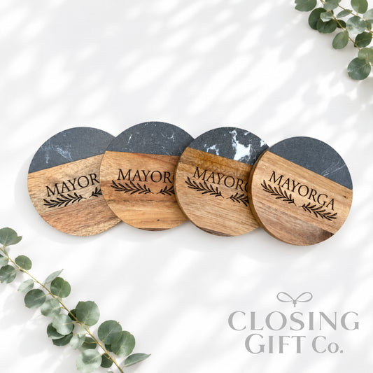 Personalized Acacia & Black Marble Round Coaster Set | Engraved Realtor Closing Gift | Housewarming Gift