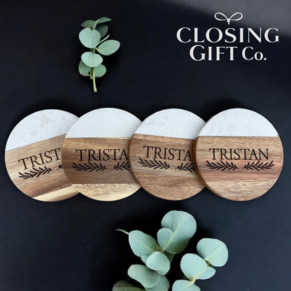 ACACIA WOOD & MARBLE SERVING ROUND COASTER SET