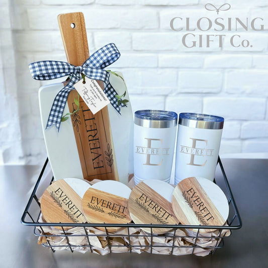 Realtor Closing Gift Basket | Housewarming Gift for New Home | Engraved Cutting Board, Coasters & 20oz Tumblers