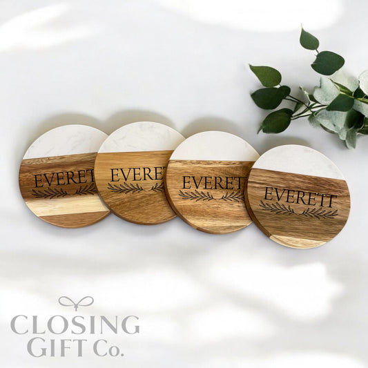 ACACIA WOOD & MARBLE SERVING ROUND COASTER SET