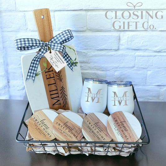 Realtor Closing Gift Basket | Housewarming Gift for New Home | Engraved Cutting Board, Coasters & Wine Tumblers
