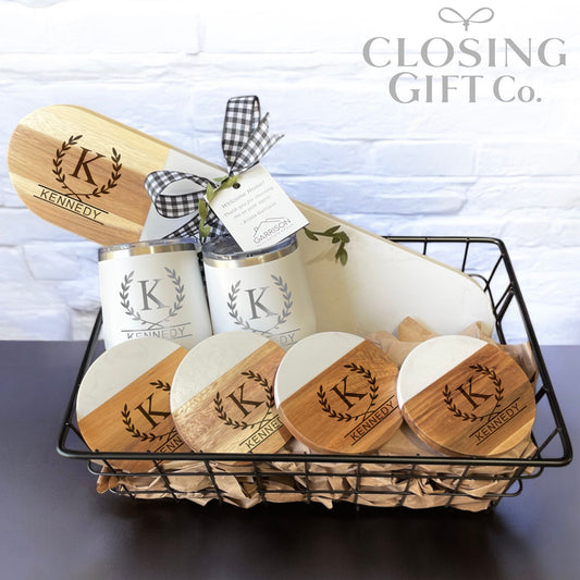 CUSTOM CLOSING GIFT BASKET SET - OVAL SERVING CHARCUTERIE BOARD - ACACIA WOOD & MARBLE (WINE TUMBLERS)
