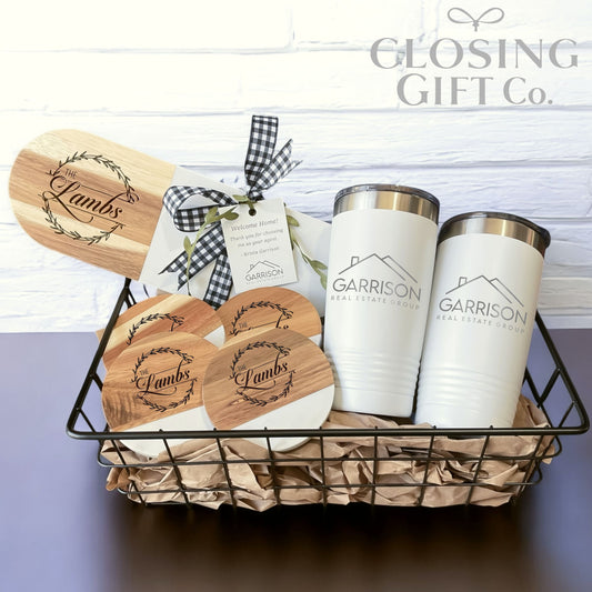CUSTOM CLOSING GIFT BASKET SET - OVAL SERVING CHARCUTERIE BOARD - ACACIA WOOD & MARBLE