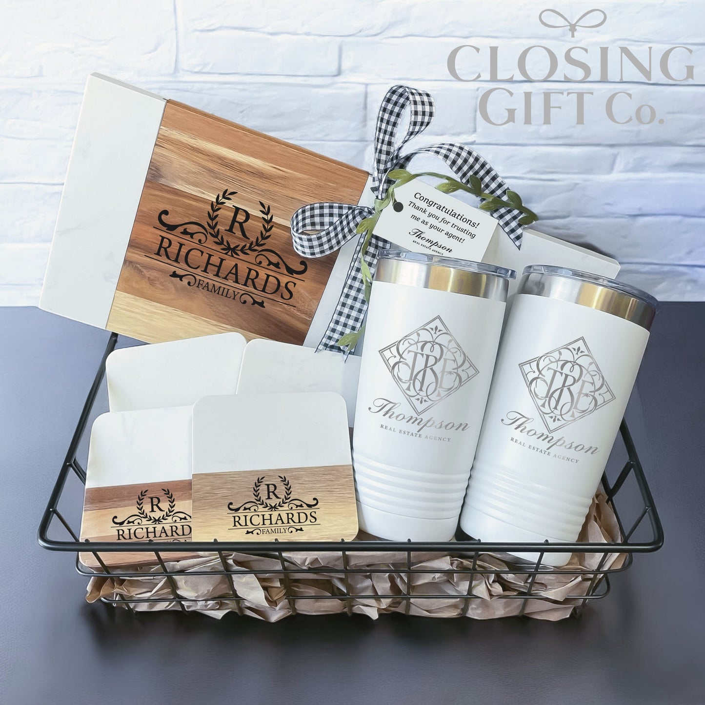 Realtor Closing Gift Basket | Housewarming Gift for New Home | Engraved Rectangle Board & 20oz Tumblers