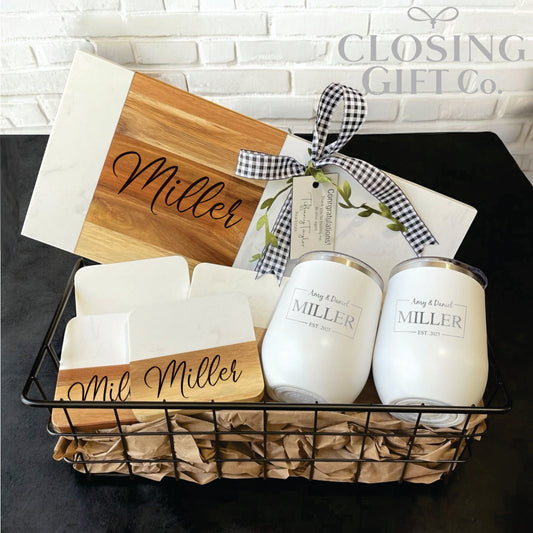 CUSTOM CLOSING GIFT BASKET SET - RECTANGLE SERVING BOARD - ACACIA WOOD & MARBLE (WINE TUMBLERS)