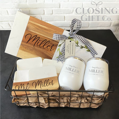 Realtor Closing Gift Basket | Housewarming Gift for New Home | Engraved Rectangle Charcuterie Board & Wine Tumblers