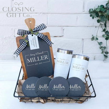 Realtor Closing Gift Basket | Housewarming Gift for New Home | Engraved Acacia & Slate Cutting Board, Coasters & 20oz Tumblers